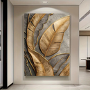 Quadro Decorativo Folhas Douradas 3D Luxo Moderno – Arte Abstrata para Sala Quarto Escritório