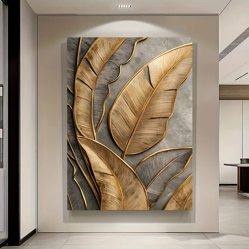 Quadro Decorativo Folhas Douradas 3D Luxo Moderno – Arte Abstrata para Sala Quarto Escritório