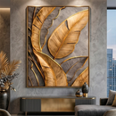 Quadro Decorativo Folhas Douradas 3D Luxo Moderno – Arte Abstrata para Sala Quarto Escritório