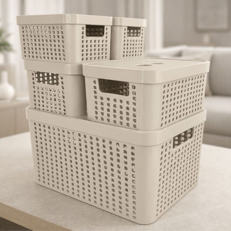 Kit 5 Caixas Organizadoras com Tampa 2L 4,5L 17L Empilhável Armário Quarto Escritório Multiuso