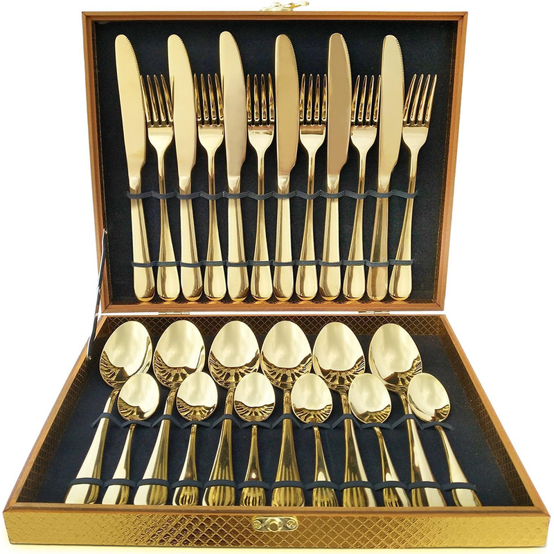 Kit Faqueiro Maleta De Talheres Inox 24 Peças Com Dourado Chique